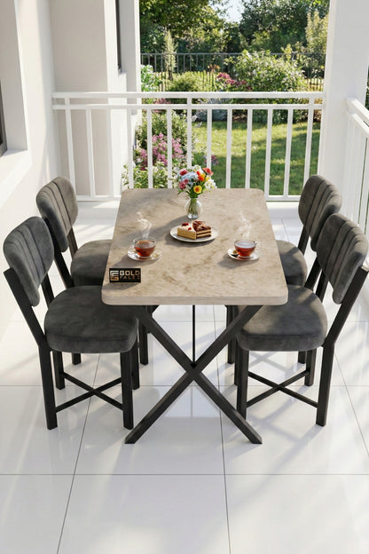 Mutfak Masası 4 Sandalyeli Set 110x70 cm Modern Traverten Masa Takımı Cafe Balkon Ofis Masa Elma