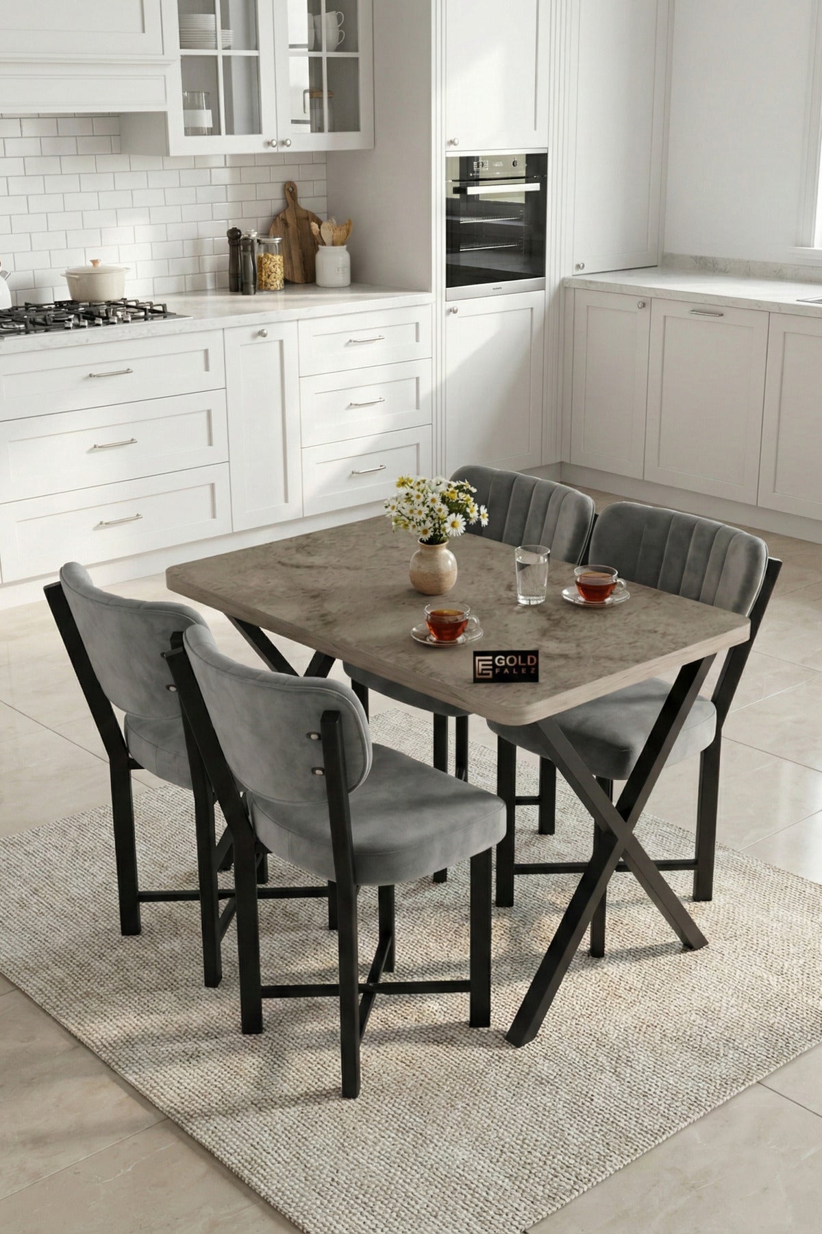 Mutfak Masası 4 Sandalyeli Set 110x70 cm Modern Traverten Masa Takımı Cafe Balkon Ofis Masa Elma
