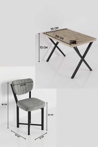 Mutfak Masası 4 Sandalyeli Set 110x70 cm Modern Traverten Masa Takımı Cafe Balkon Ofis Masa Elma