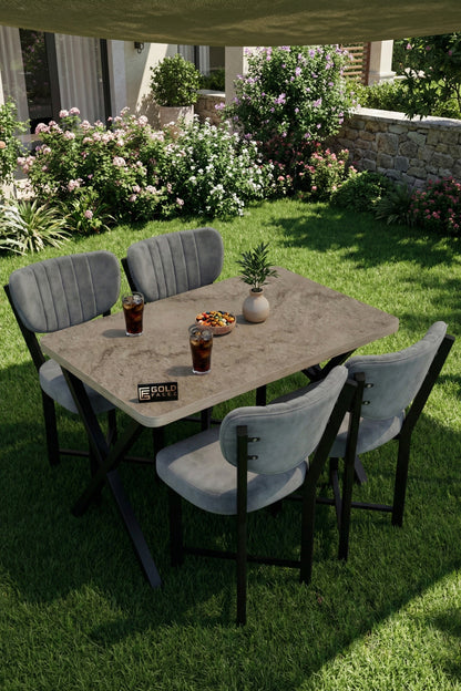 Mutfak Masası 4 Sandalyeli Set 110x70 cm Modern Traverten Masa Takımı Cafe Balkon Ofis Masa Elma