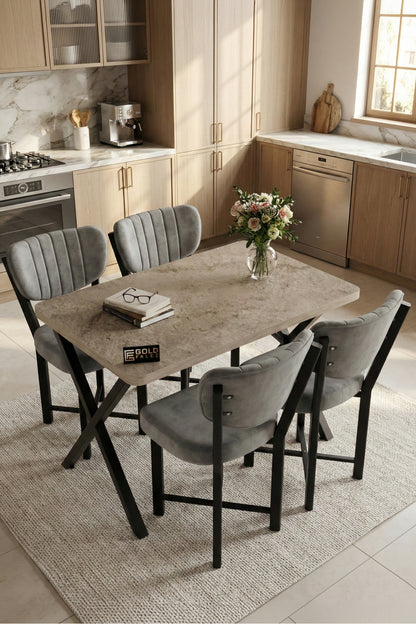Mutfak Masası 4 Sandalyeli Set 110x70 cm Modern Traverten Masa Takımı Cafe Balkon Ofis Masa Elma