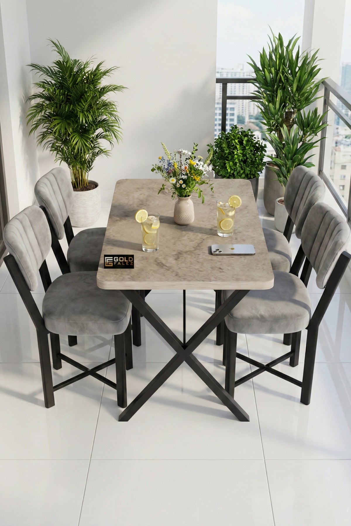 Mutfak Masası 4 Sandalyeli Set 110x70 cm Modern Traverten Masa Takımı Cafe Balkon Ofis Masa Elma