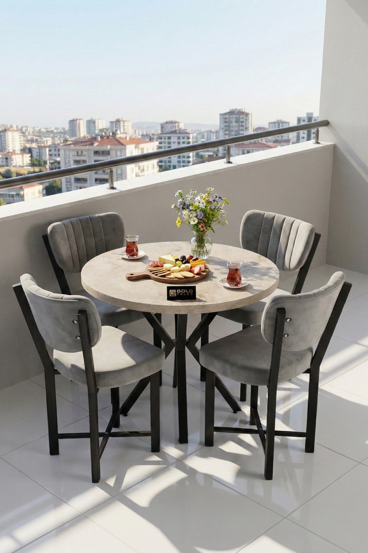 Mutfak Masası 90 Çap 4 Sandalyeli Traverten Görünümlü Balkon Bahçe Cafe Masa Seti Elma
