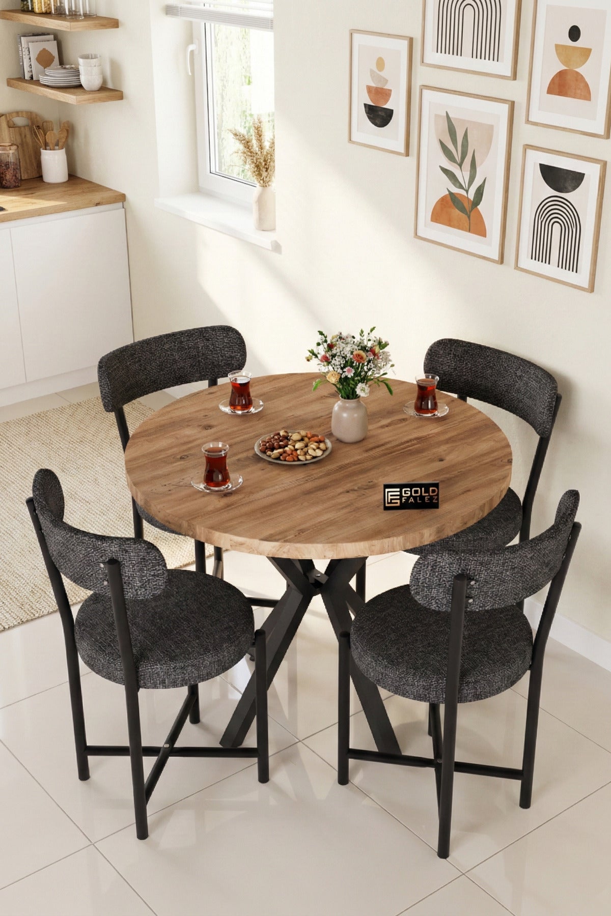 Mutfak Masası 4 Sandalyeli Set 90 Çap Atlantik Yuvarlak Cafe Balkon Ofis Masa Yemek Takımı Teddy