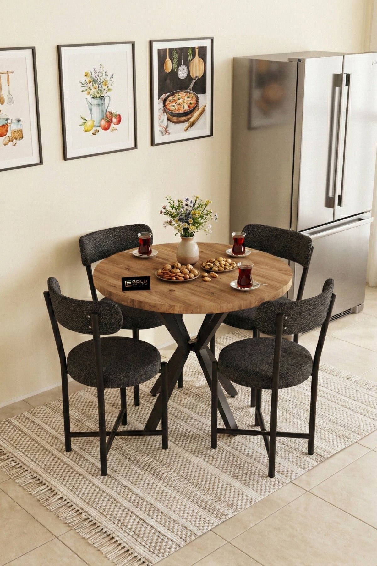 Mutfak Masası 4 Sandalyeli Set 90 Çap Atlantik Yuvarlak Cafe Balkon Ofis Masa Yemek Takımı Teddy
