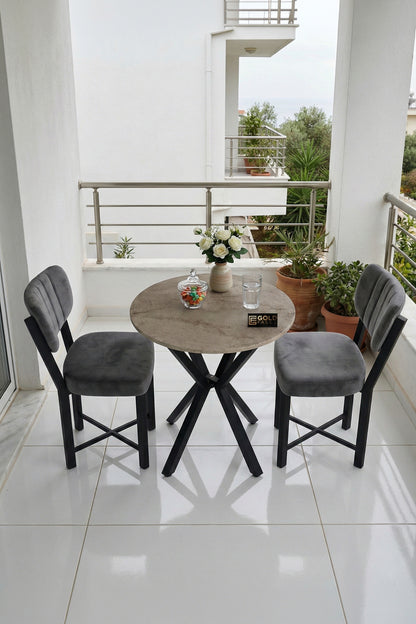 Mutfak Masası 70 Çap 2 Sandalyeli Traverten Görünümlü Balkon Bahçe Cafe Masa Seti Elma