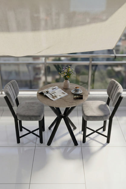 Mutfak Masası 70 Çap 2 Sandalyeli Traverten Görünümlü Balkon Bahçe Cafe Masa Seti Elma