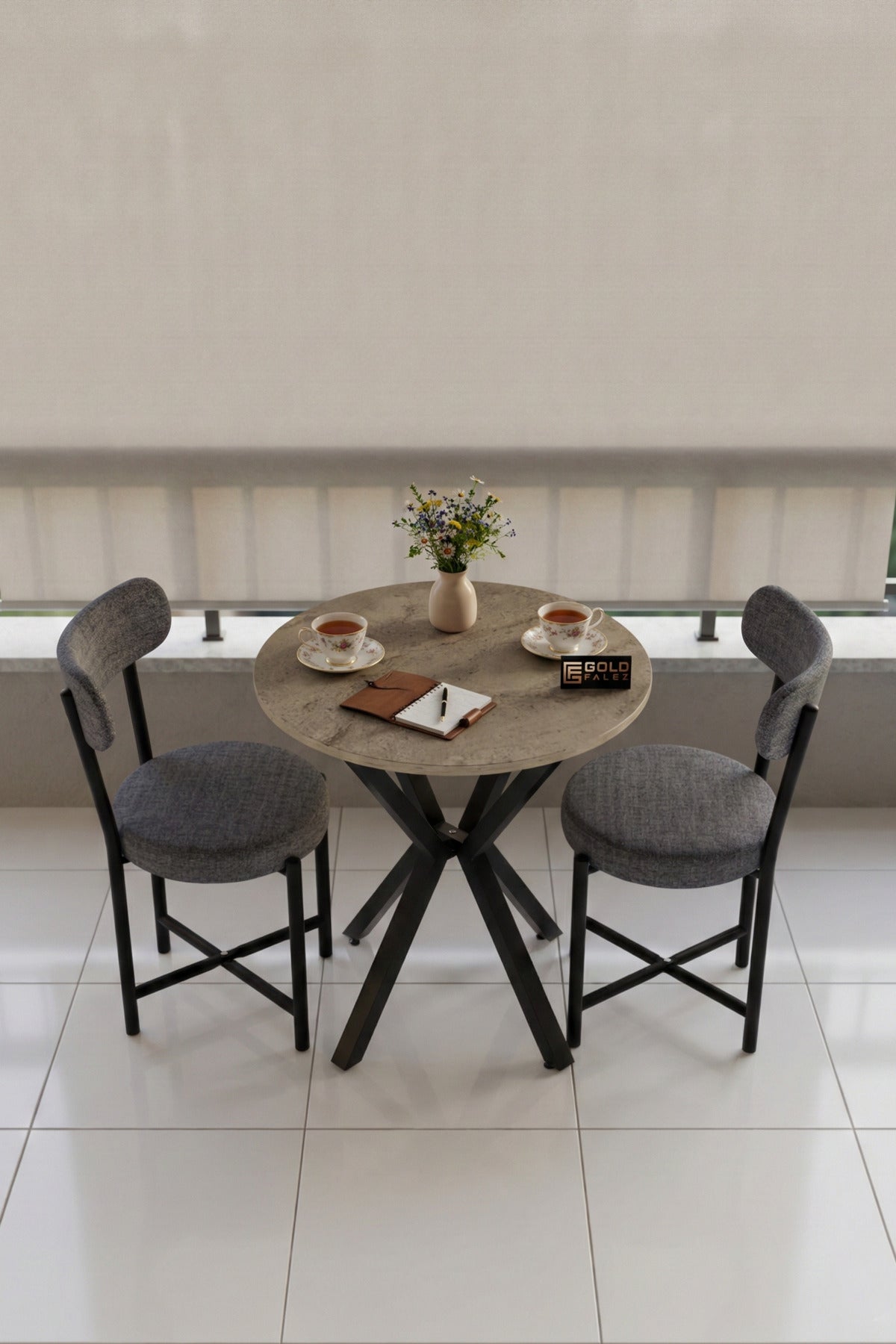 Mutfak Masası 70 Çap 2 Sandalyeli Traverten Görünümlü Balkon Bahçe Cafe Masa Seti Teddy