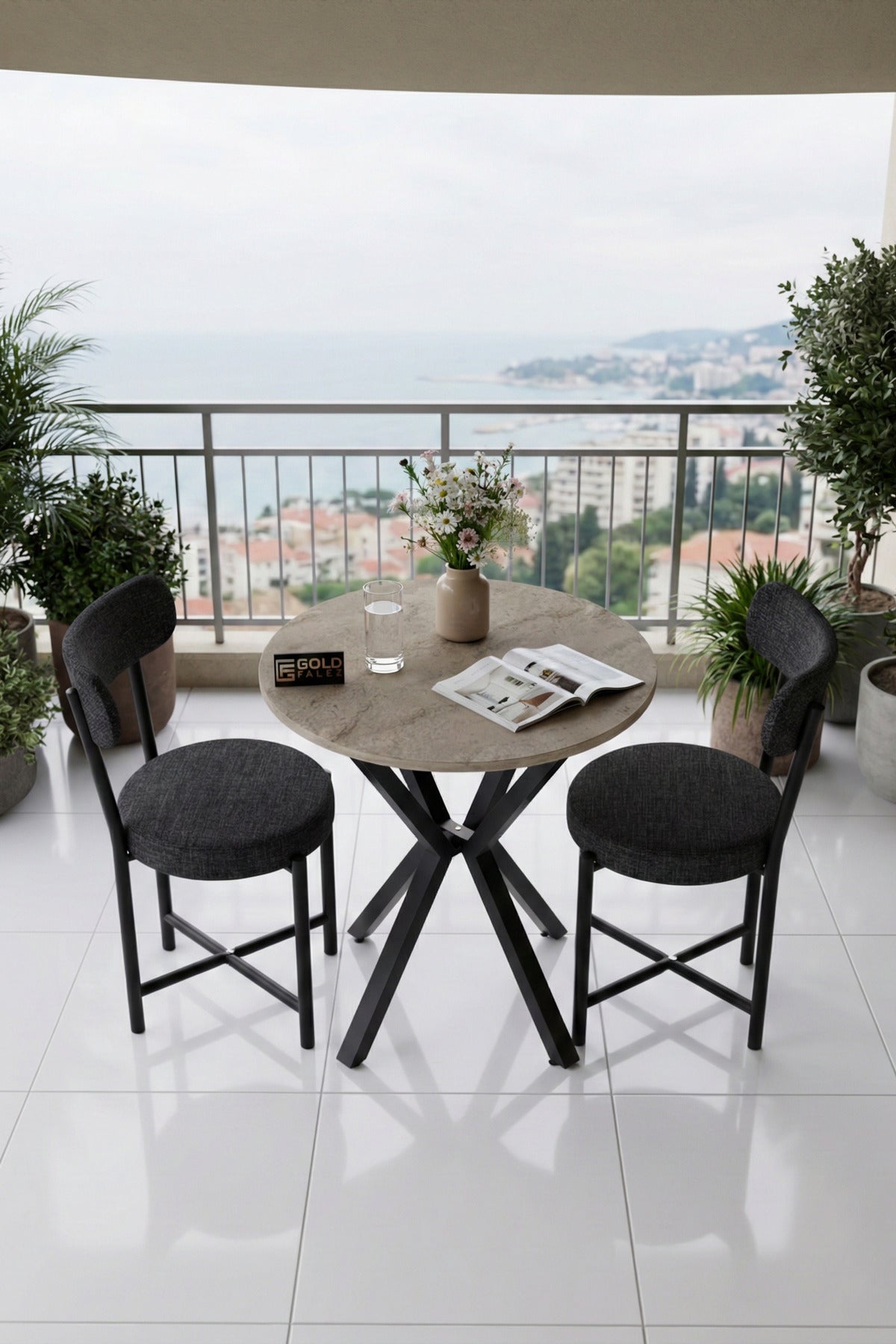 Mutfak Masası 70 Çap 2 Sandalyeli Traverten Görünümlü Balkon Bahçe Cafe Masa Seti Teddy