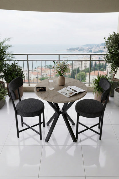 Mutfak Masası 70 Çap 2 Sandalyeli Traverten Görünümlü Balkon Bahçe Cafe Masa Seti Teddy
