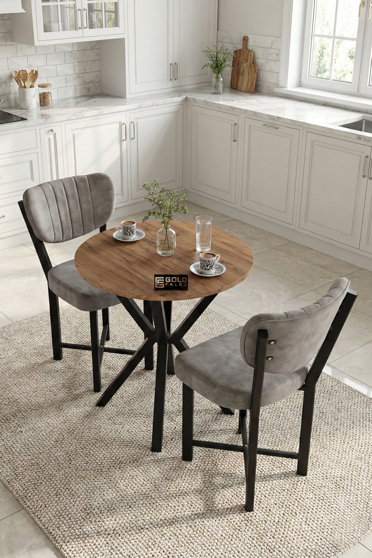 Mutfak Masası 70 Çap Yuvarlak Atlantik Masa 2 Sandalyeli Modern Balkon Cafe Seti Elma