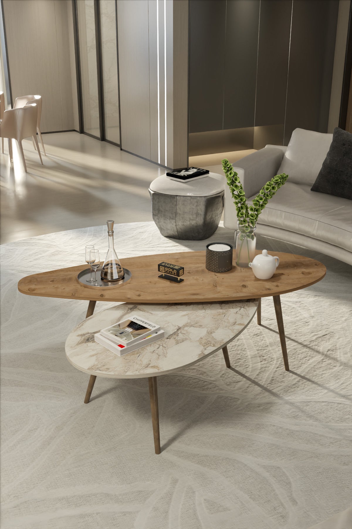 Orta Sehpa Seti Modern 2’li Ahşap Ayaklı Salon Oturma Odası Dekoratif Sehpa Takımı