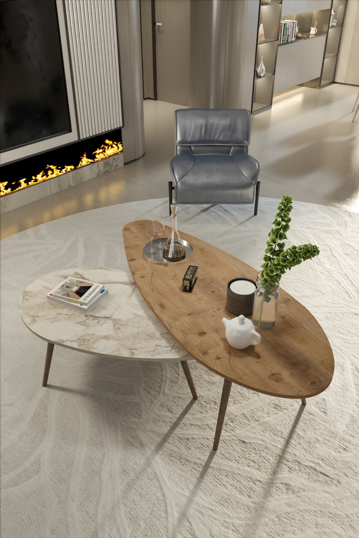 Orta Sehpa Seti Modern 2’li Ahşap Ayaklı Salon Oturma Odası Dekoratif Sehpa Takımı