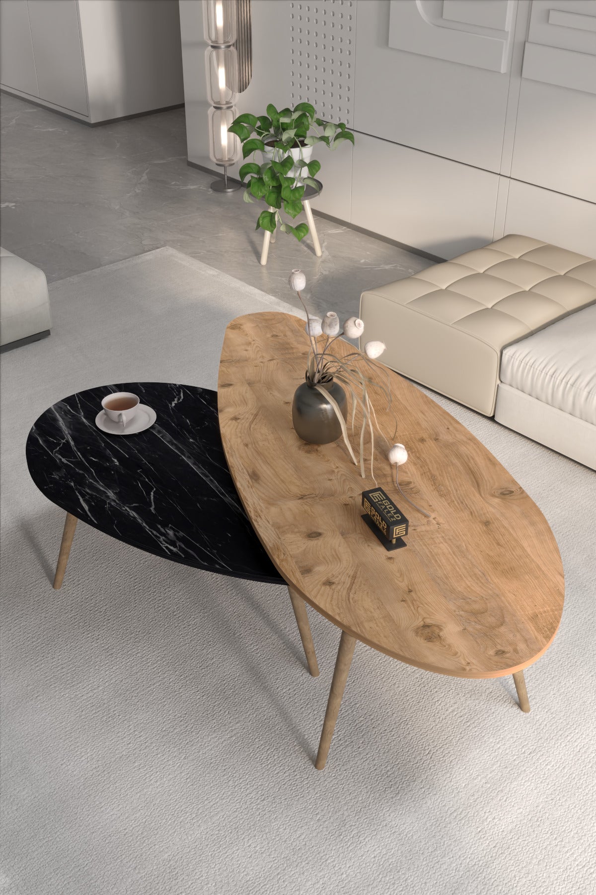 Orta Sehpa Seti Modern 2’li Ahşap Ayaklı Salon Oturma Odası Dekoratif Sehpa Takımı