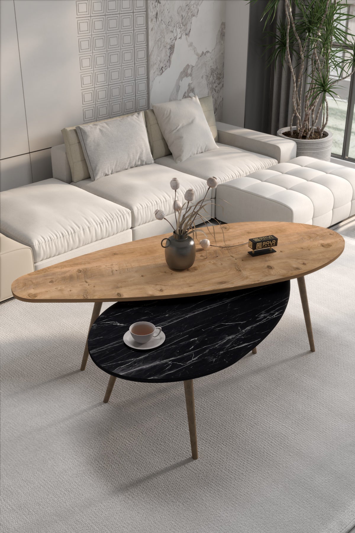 Orta Sehpa Seti Modern 2’li Ahşap Ayaklı Salon Oturma Odası Dekoratif Sehpa Takımı