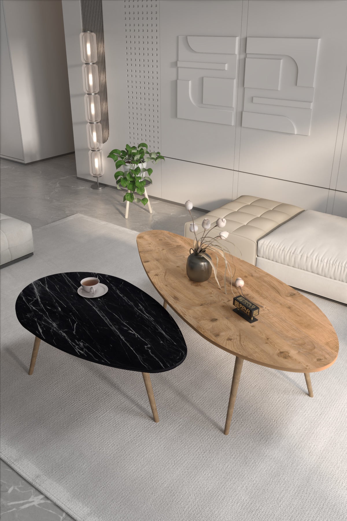 Orta Sehpa Seti Modern 2’li Ahşap Ayaklı Salon Oturma Odası Dekoratif Sehpa Takımı