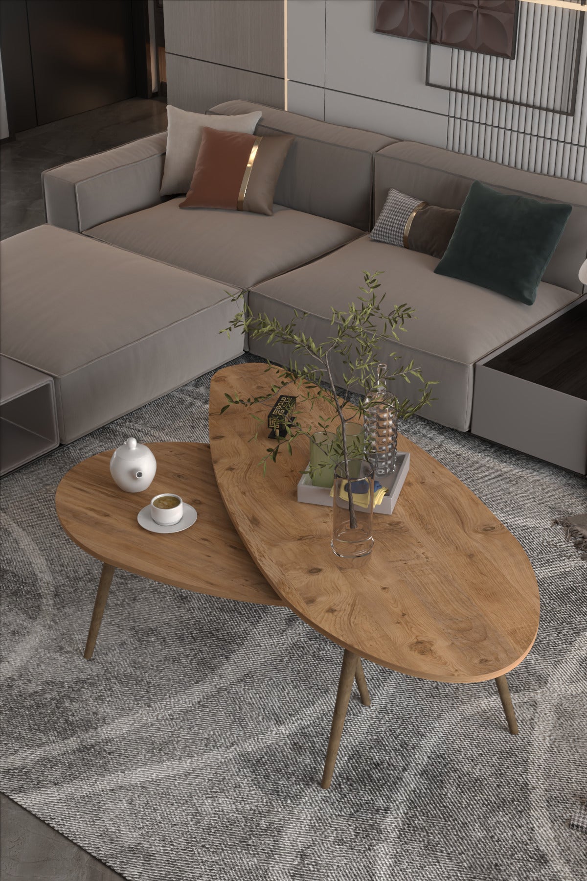 Orta Sehpa Seti Modern 2’li Ahşap Ayaklı Salon Oturma Odası Dekoratif Sehpa Takımı