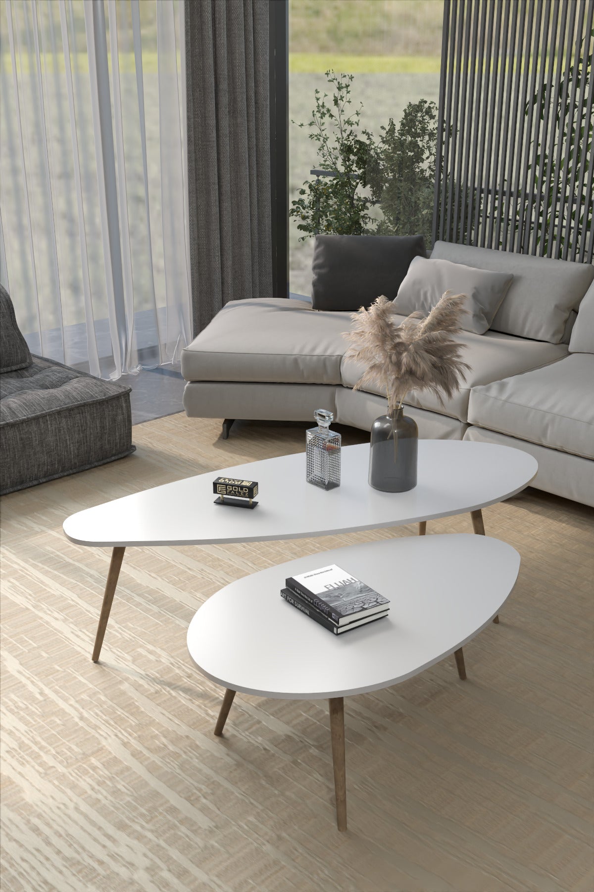 Orta Sehpa Seti Modern 2’li Ahşap Ayaklı Salon Oturma Odası Dekoratif Sehpa Takımı