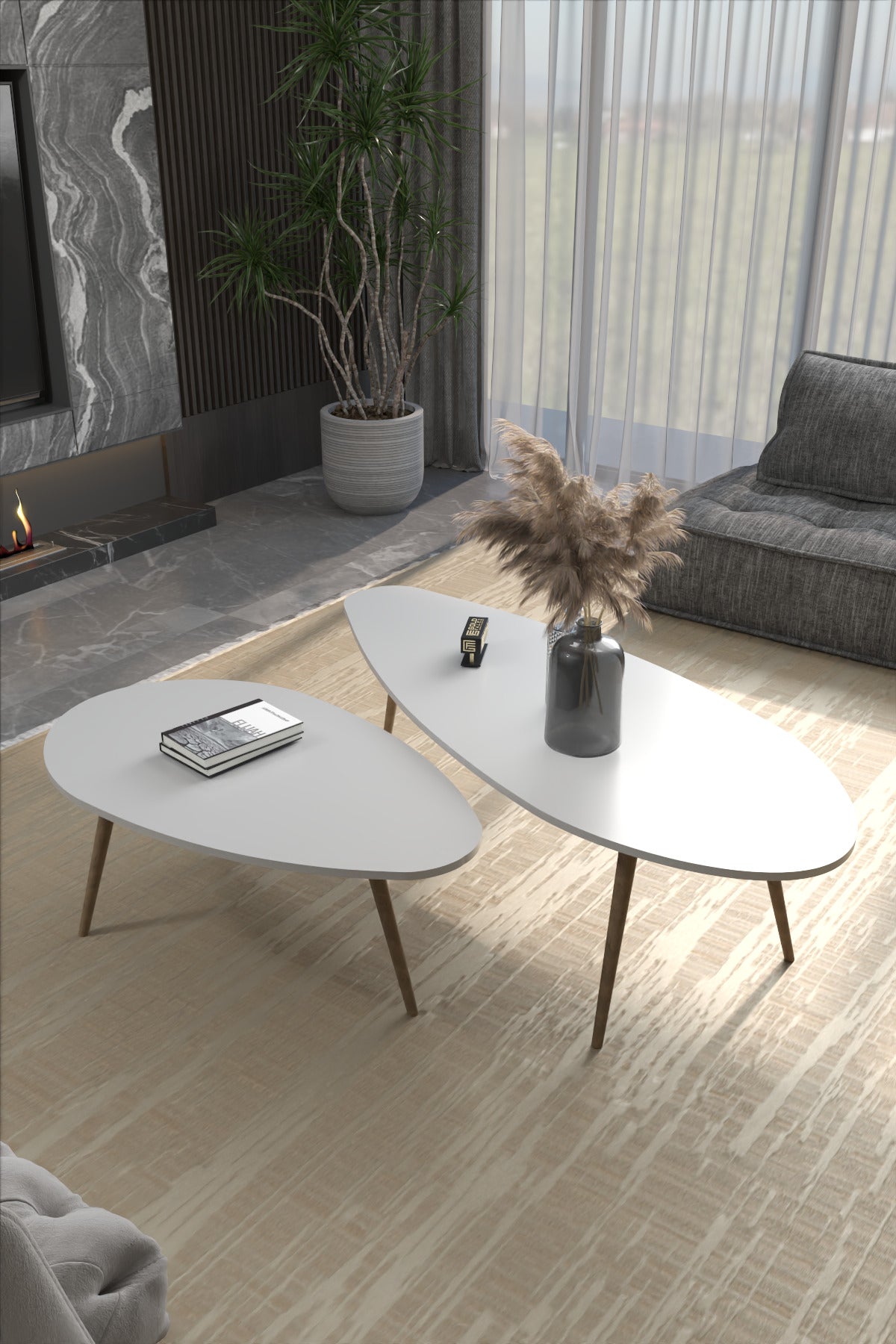 Orta Sehpa Seti Modern 2’li Ahşap Ayaklı Salon Oturma Odası Dekoratif Sehpa Takımı