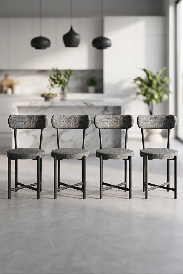 Sandalye 4 Adet Keten Kumaş Metal Ayak Modern Mutfak Sandalyesi Cafe Balkon Ofis Teddy