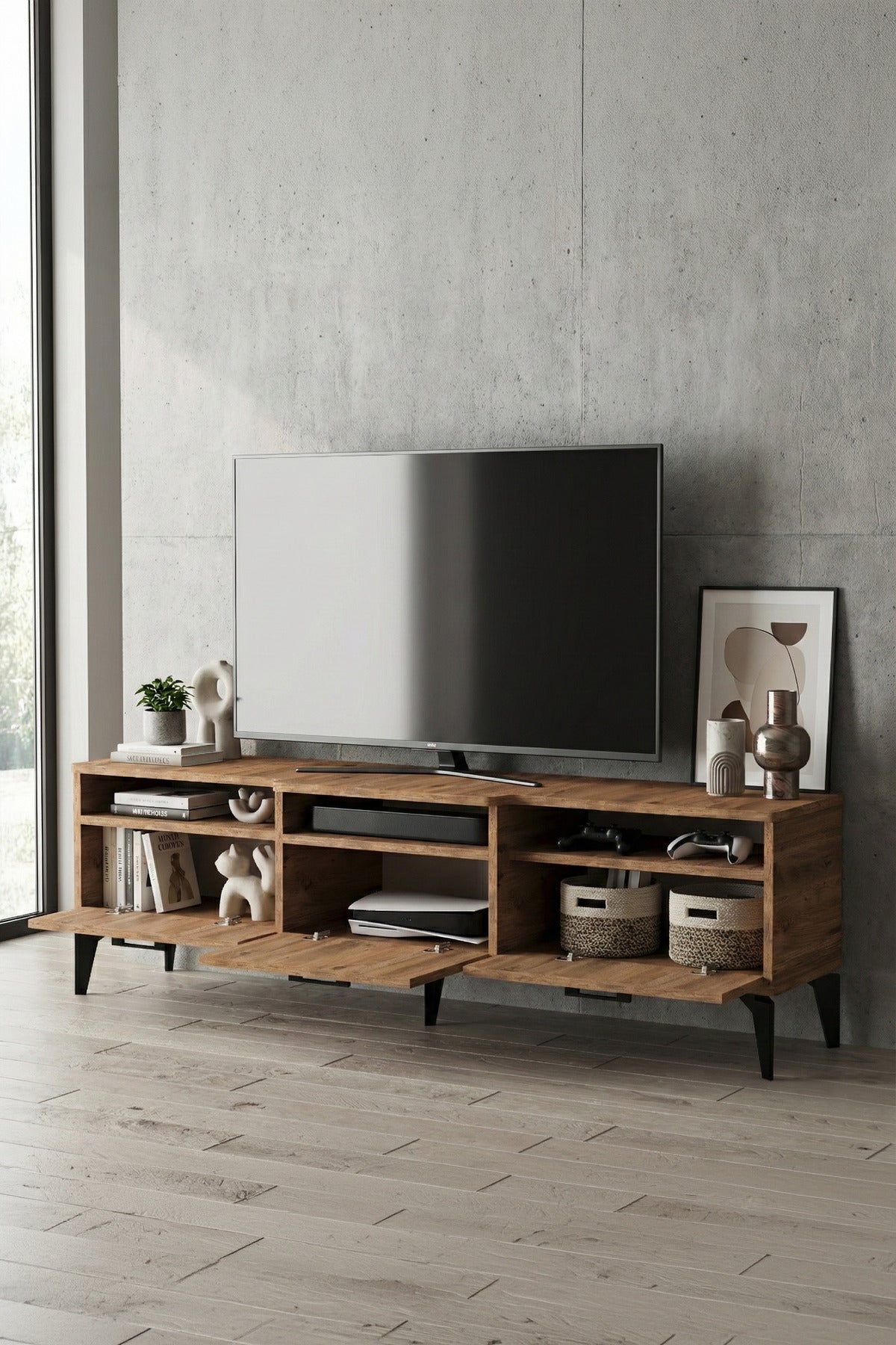 TV Sehpası 160 cm Kapaklı Raflı Televizyon Ünitesi Salon Oturma Odası TV Sehpa Mistral