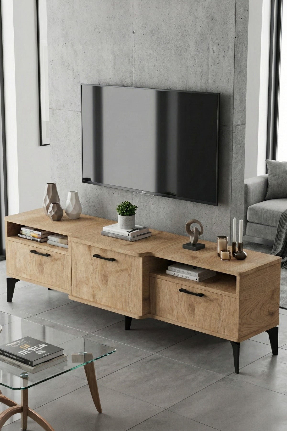 TV Sehpası 160 cm Kapaklı Raflı Televizyon Ünitesi Salon Oturma Odası TV Sehpa Mistral