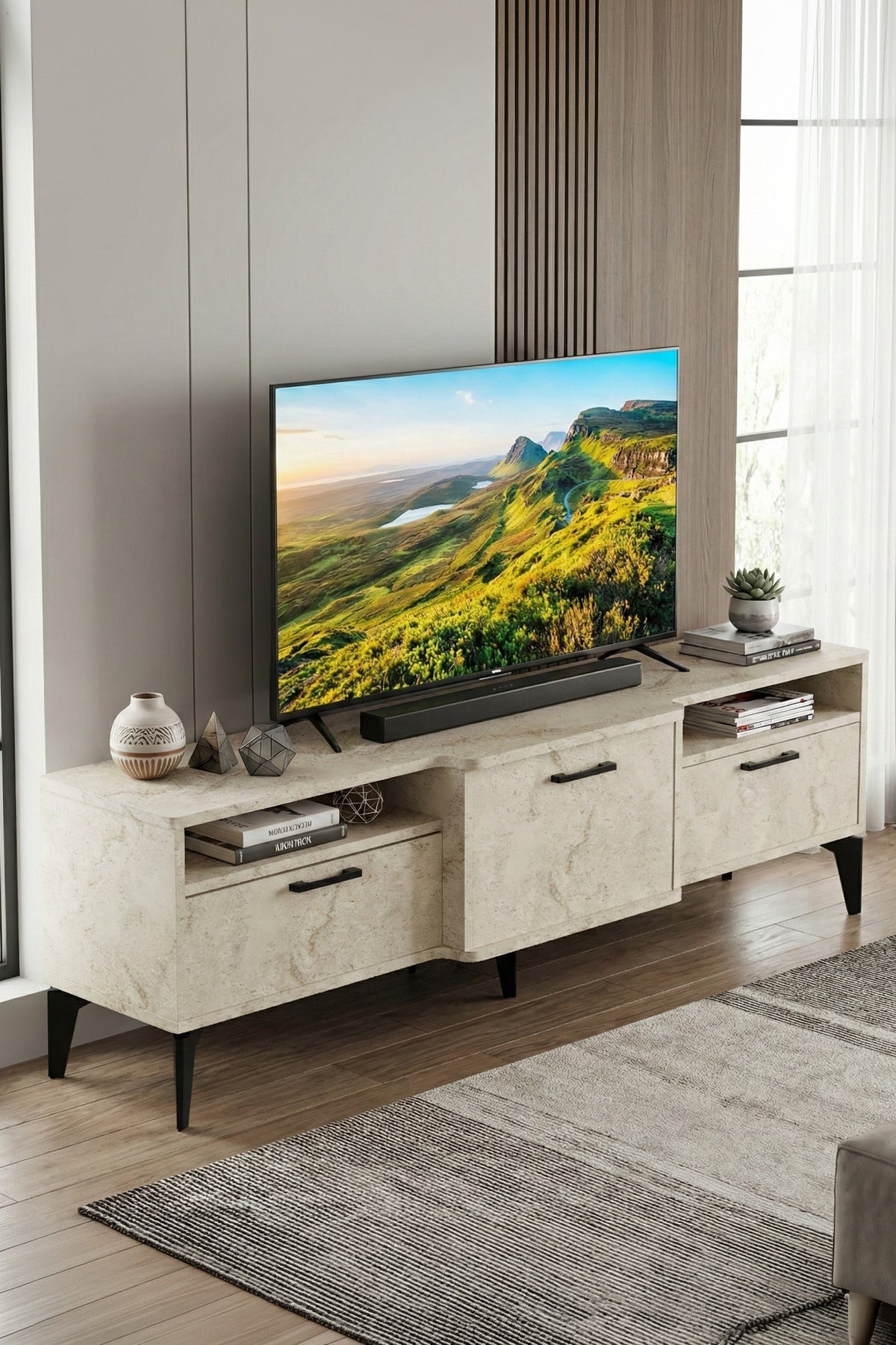 TV Sehpası 160 cm Kapaklı Raflı Televizyon Ünitesi Salon Oturma Odası TV Sehpa Mistral