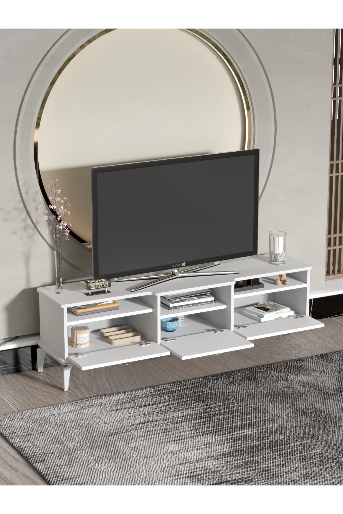 TV Sehpası 160 cm Kapaklı Raflı Televizyon Ünitesi Salon Oturma Odası TV Sehpa Mistral