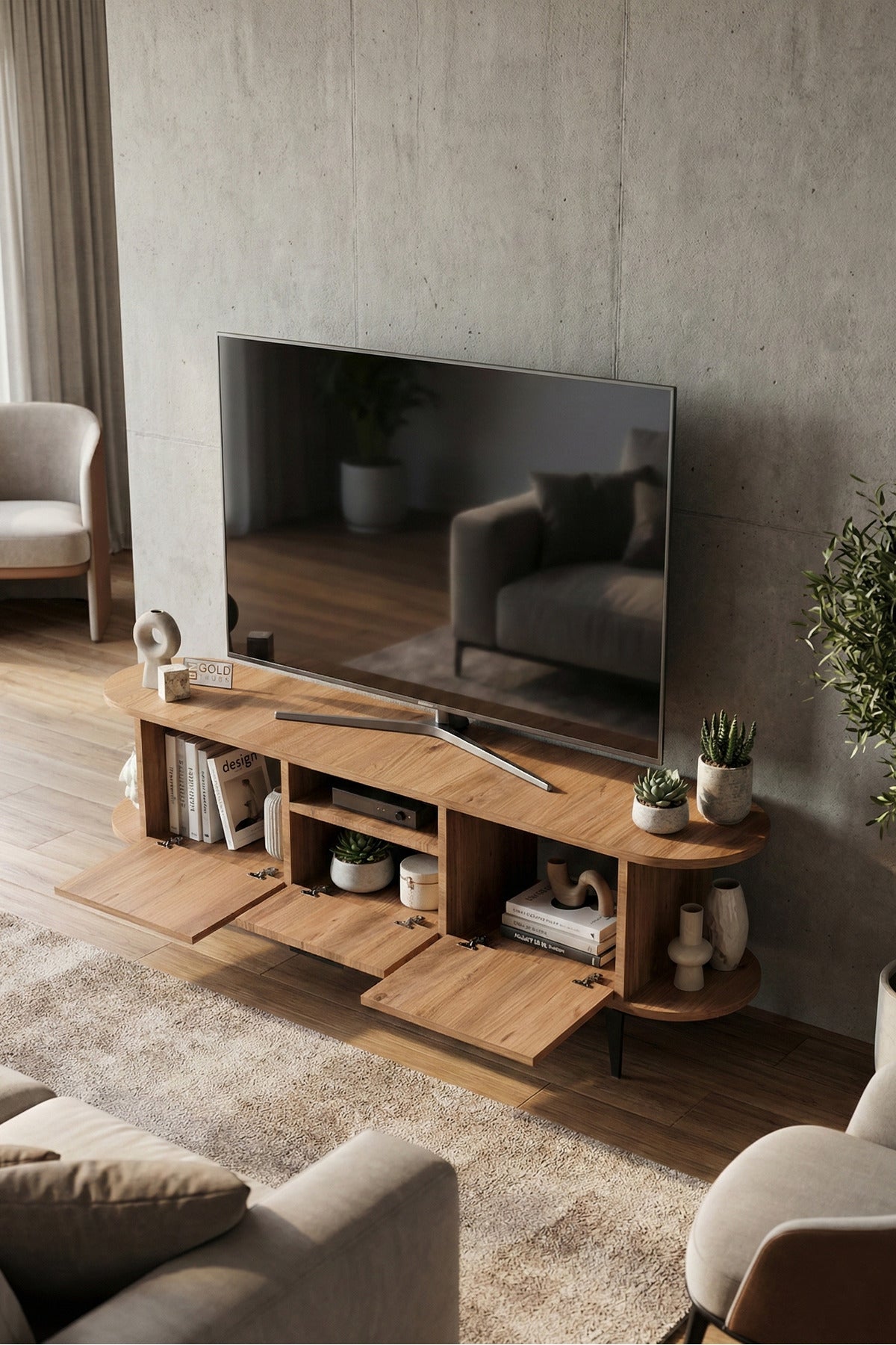 TV Sehpası 160 cm Modern 3 Kapaklı Tv Sehpa Çok Amaçlı Konsol Ünitesi Mira