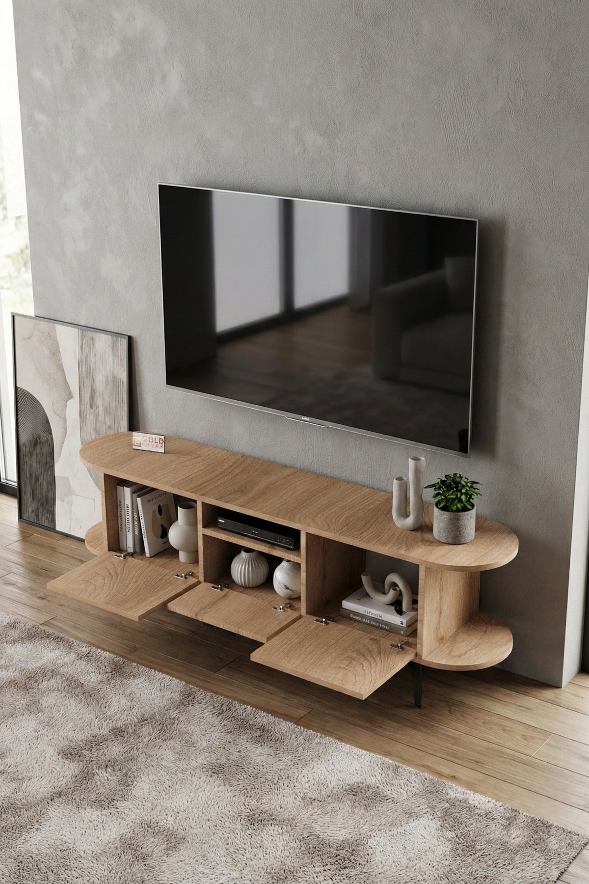 TV Sehpası 160 cm Modern 3 Kapaklı Tv Sehpa Çok Amaçlı Konsol Ünitesi Mira