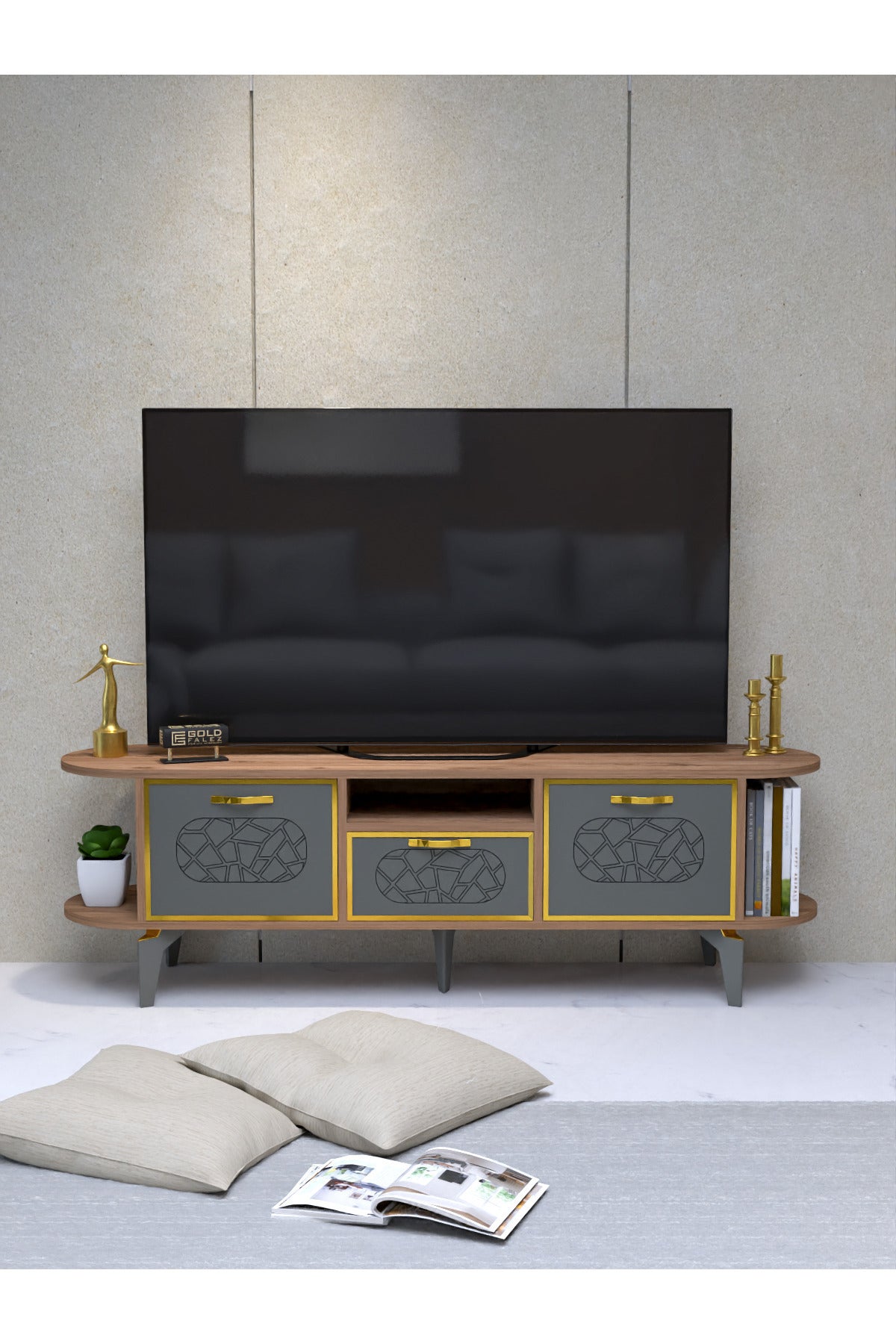 TV Sehpası 160 cm Modern 3 Kapaklı Tv Sehpa Çok Amaçlı Konsol Ünitesi Mira