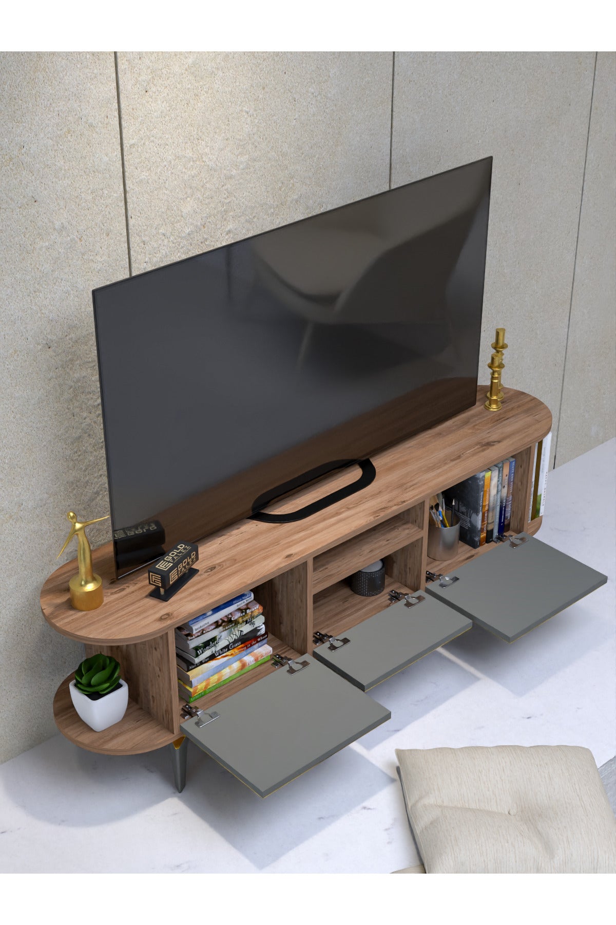 TV Sehpası 160 cm Modern 3 Kapaklı Tv Sehpa Çok Amaçlı Konsol Ünitesi Mira