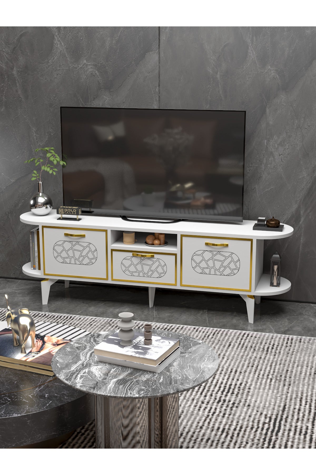 TV Sehpası 160 cm Modern 3 Kapaklı Tv Sehpa Çok Amaçlı Konsol Ünitesi Mira
