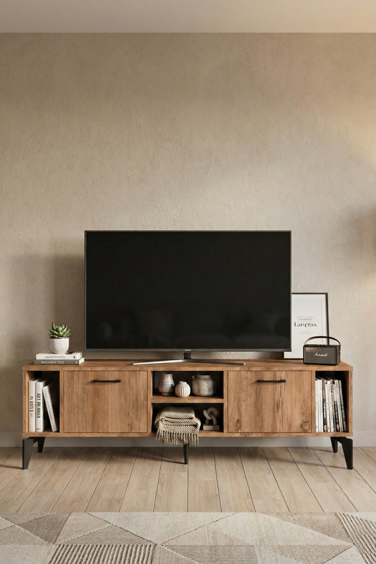 TV Sehpası 160 cm Modern Çok Amaçlı Dolaplı Raflı Televizyon Ünitesi Linya 5045 Atlantik