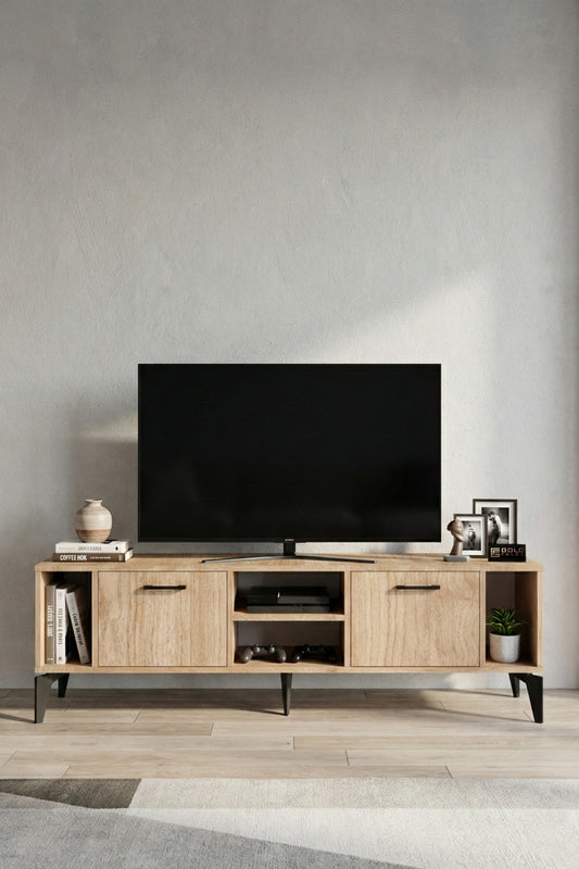 TV Sehpası 160 cm Modern Çok Amaçlı Dolaplı Raflı Televizyon Ünitesi Linya