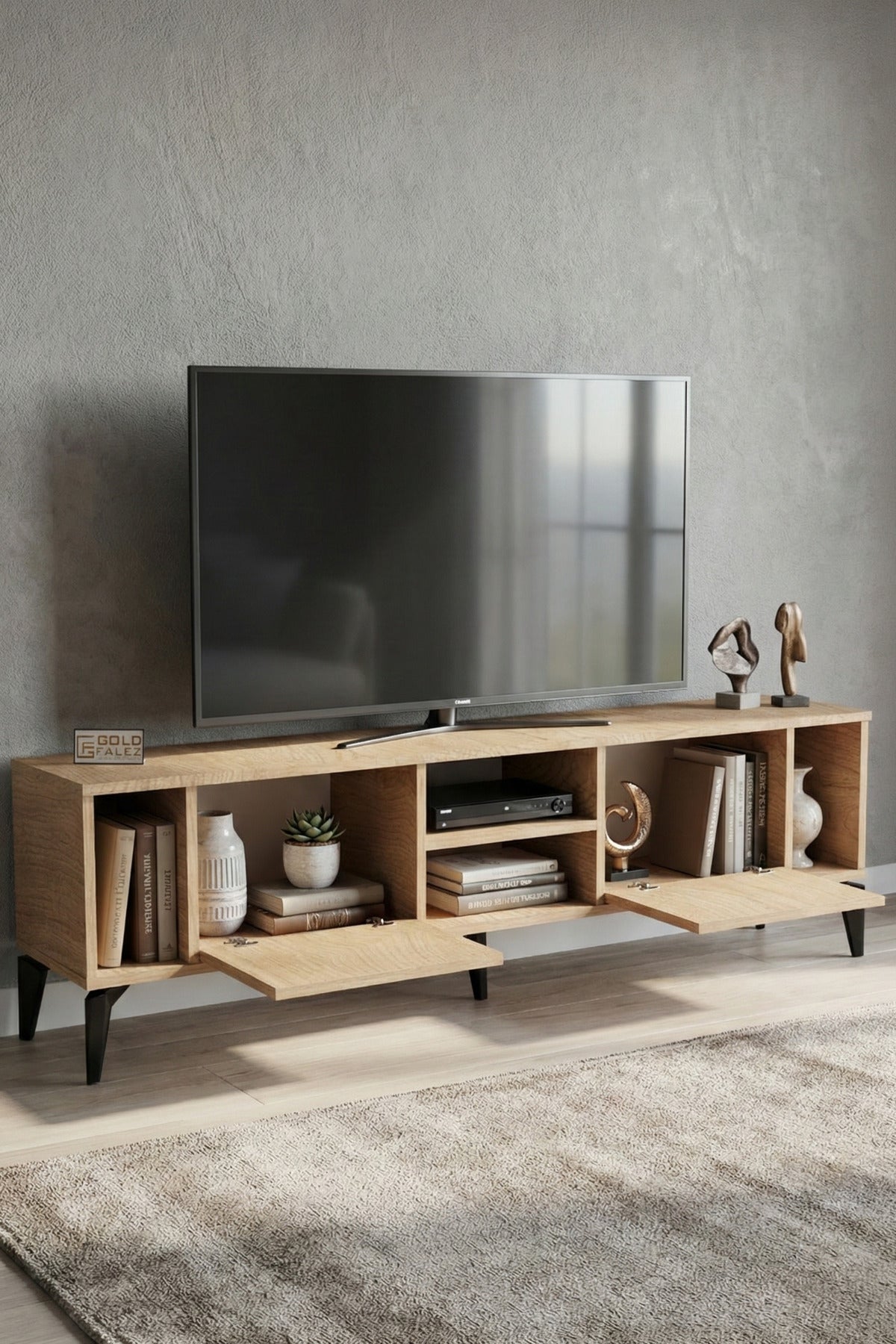 TV Sehpası 160 cm Modern Çok Amaçlı Dolaplı Raflı Televizyon Ünitesi Linya