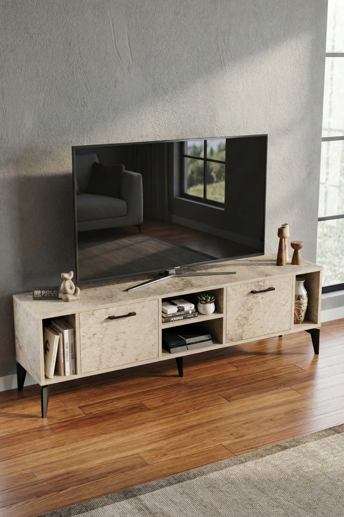 TV Sehpası 160 cm Modern Çok Amaçlı Dolaplı Raflı Televizyon Ünitesi Linya