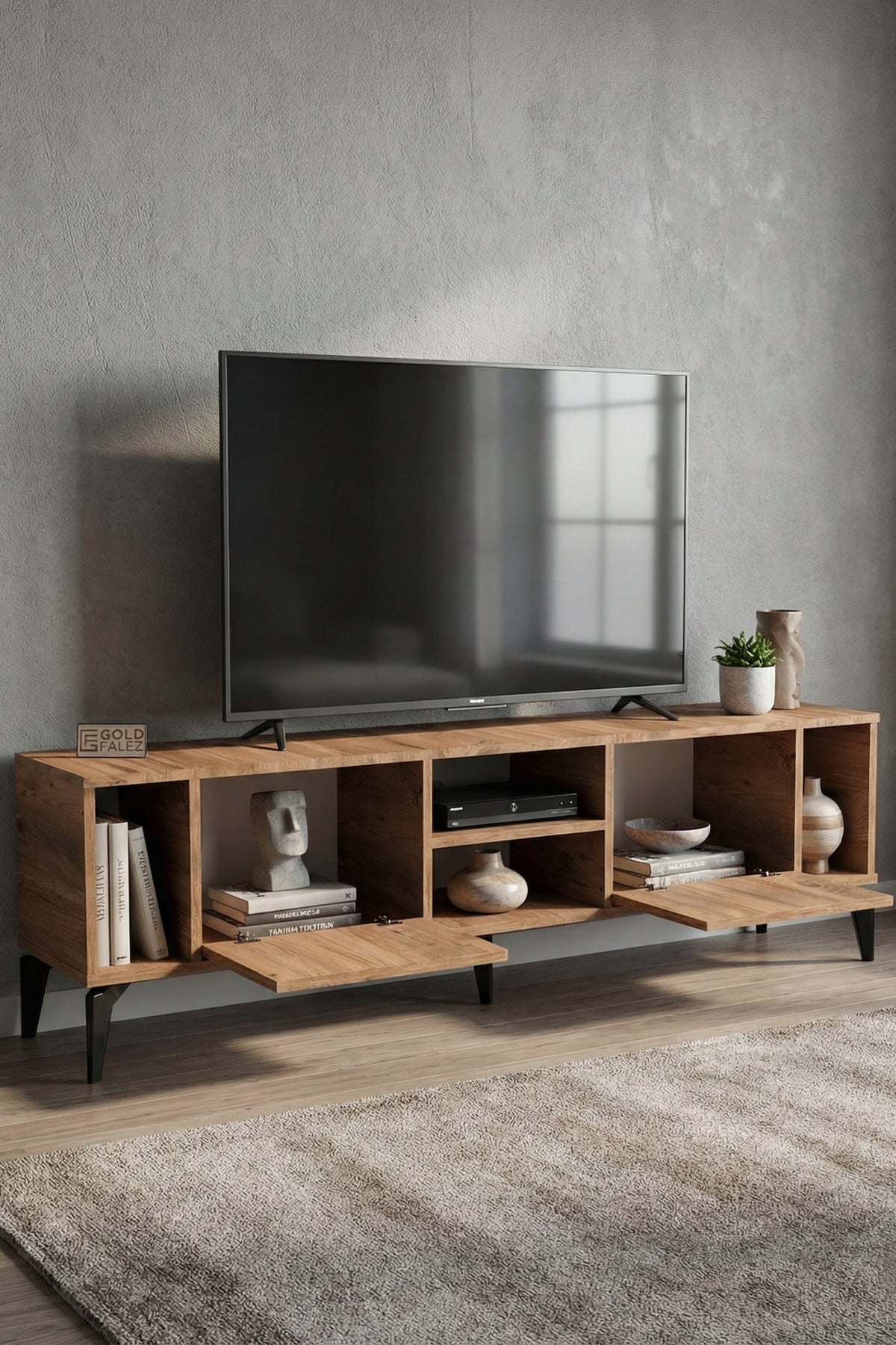 TV Sehpası 160 cm Modern Çok Amaçlı Dolaplı Raflı Televizyon Ünitesi Linya