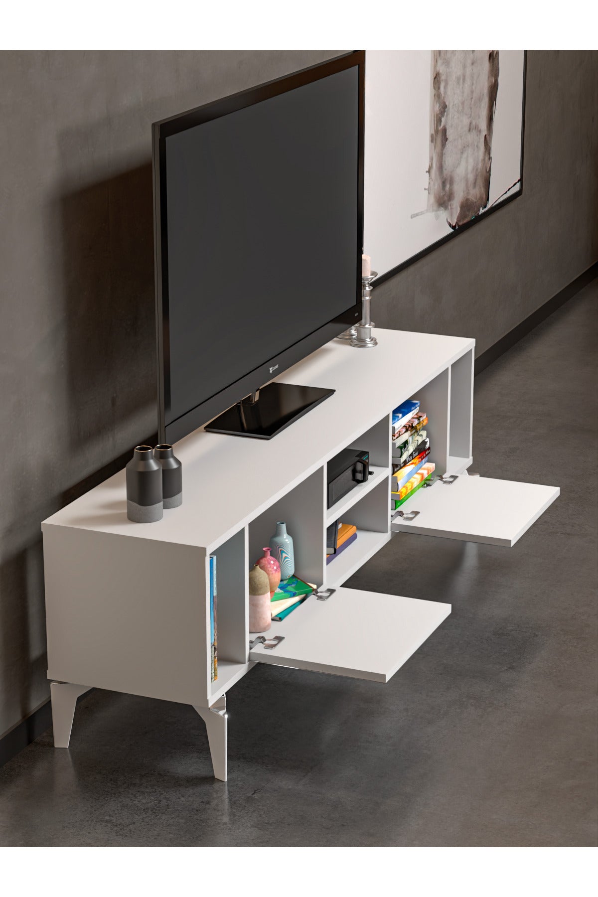 TV Sehpası 160 cm Modern Çok Amaçlı Dolaplı Raflı Televizyon Ünitesi Linya