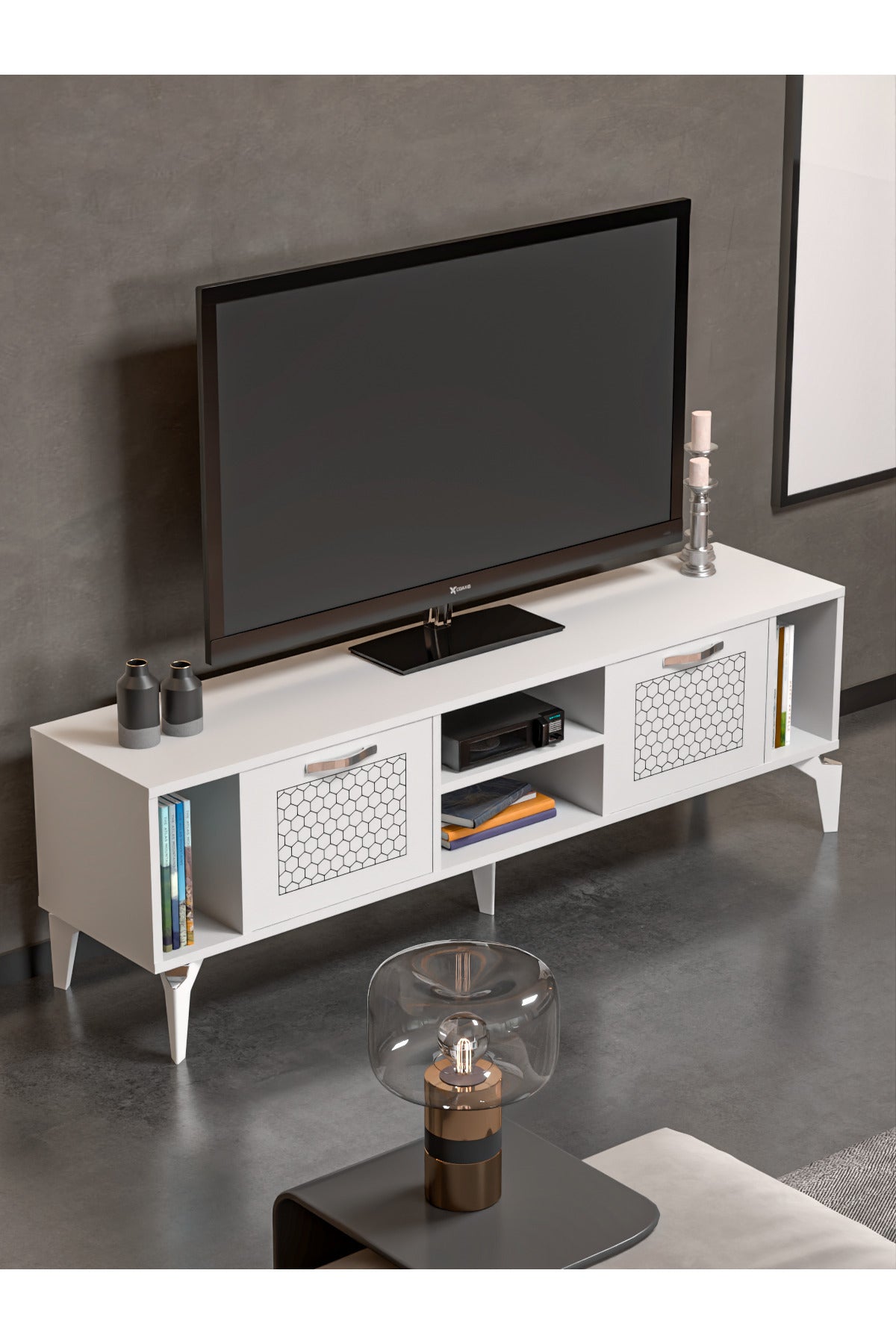 TV Sehpası 160 cm Modern Çok Amaçlı Dolaplı Raflı Televizyon Ünitesi Linya