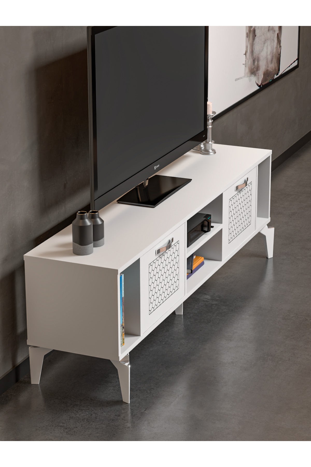 TV Sehpası 160 cm Modern Çok Amaçlı Dolaplı Raflı Televizyon Ünitesi Linya