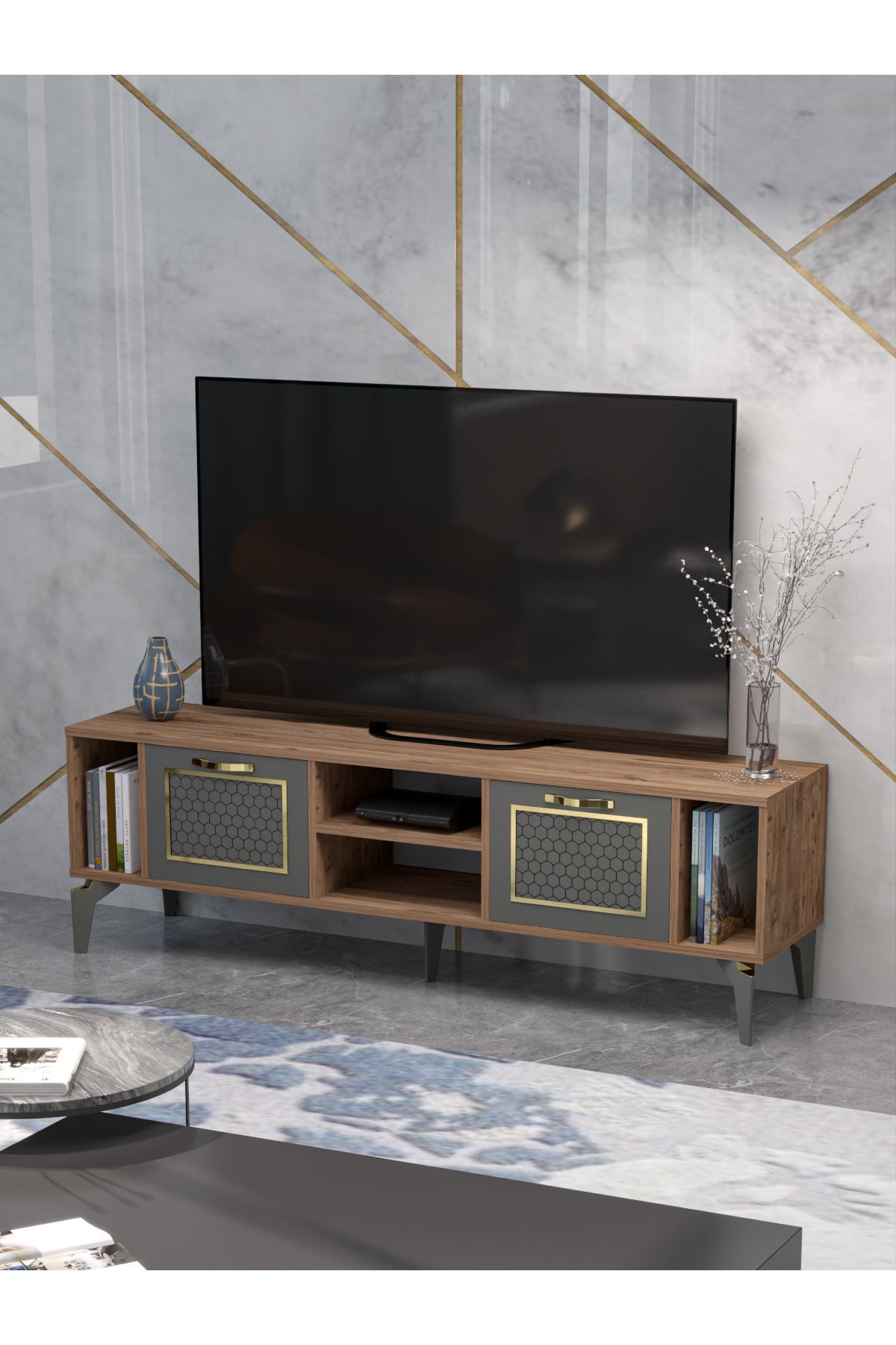 TV Sehpası 160 cm Modern Çok Amaçlı Dolaplı Raflı Televizyon Ünitesi Linya