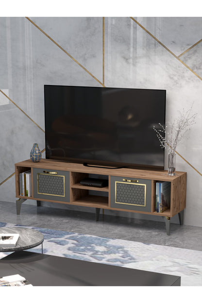 TV Sehpası 160 cm Modern Çok Amaçlı Dolaplı Raflı Televizyon Ünitesi Linya