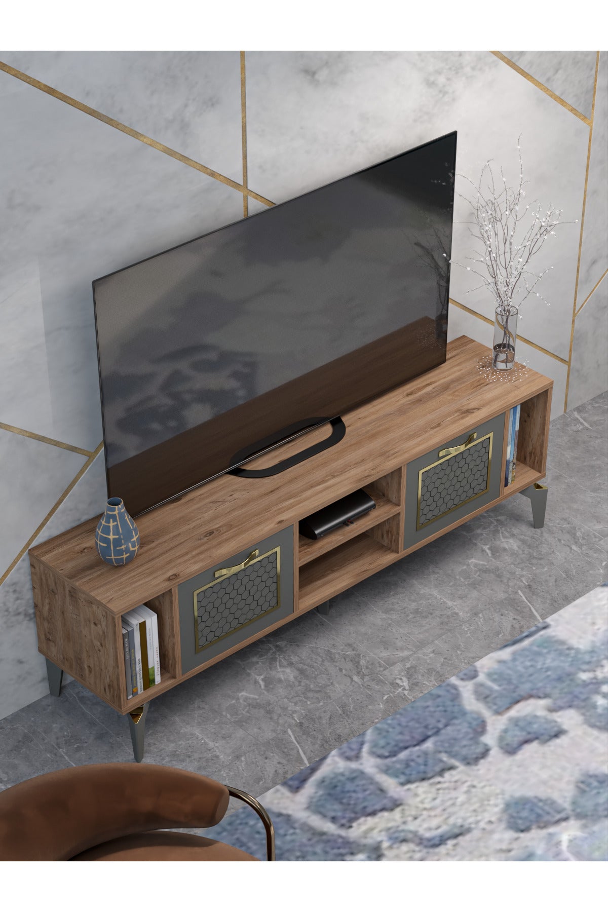 TV Sehpası 160 cm Modern Çok Amaçlı Dolaplı Raflı Televizyon Ünitesi Linya