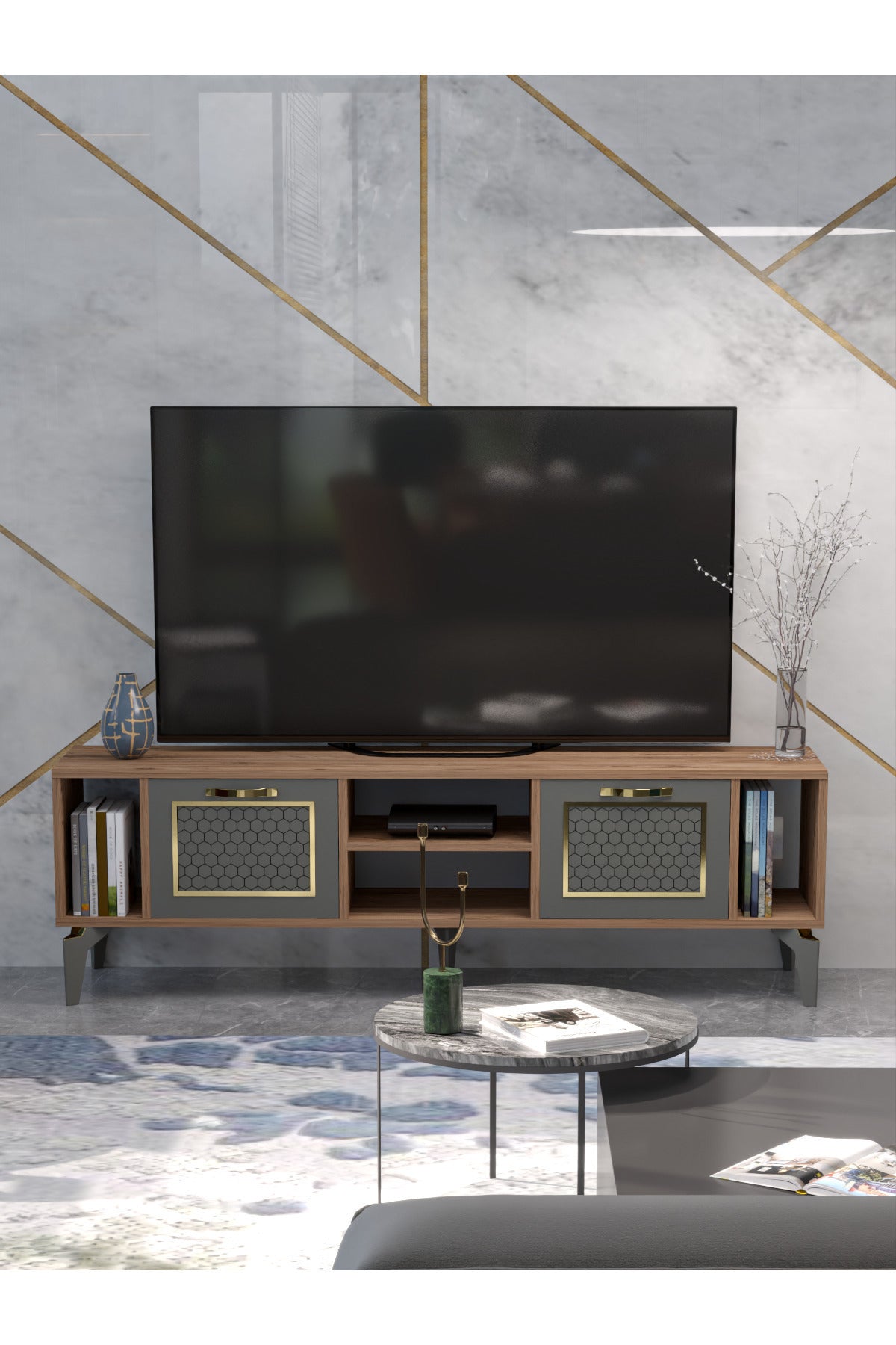 TV Sehpası 160 cm Modern Çok Amaçlı Dolaplı Raflı Televizyon Ünitesi Linya