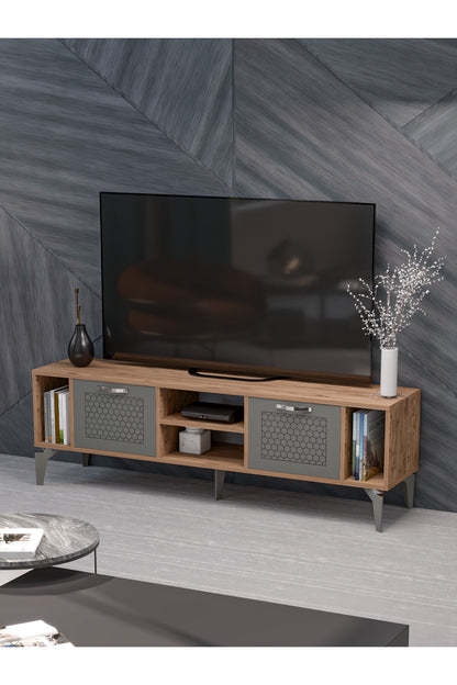 TV Sehpası 160 cm Modern Çok Amaçlı Dolaplı Raflı Televizyon Ünitesi Linya