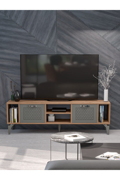 TV Sehpası 160 cm Modern Çok Amaçlı Dolaplı Raflı Televizyon Ünitesi Linya