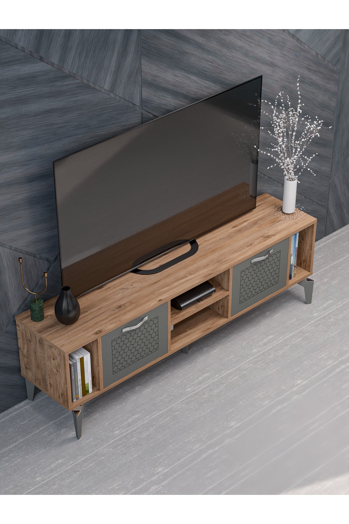 TV Sehpası 160 cm Modern Çok Amaçlı Dolaplı Raflı Televizyon Ünitesi Linya