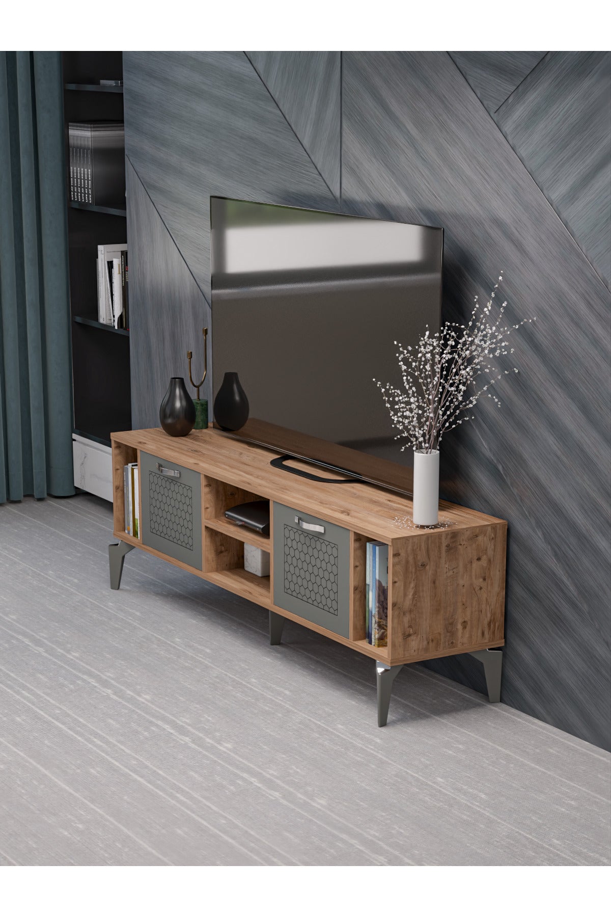TV Sehpası 160 cm Modern Çok Amaçlı Dolaplı Raflı Televizyon Ünitesi Linya