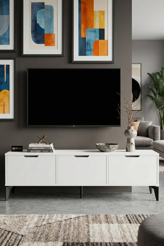 TV Sehpası 160 cm TV Ünitesi Kapaklı Modern Şık Minimal Salon Konsolu Royal 5091 Beyaz